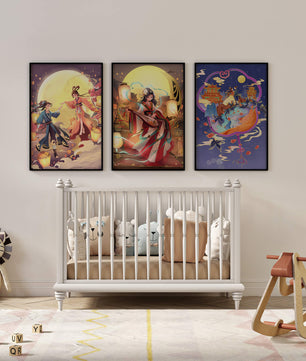Triptyque de posters à thème oriental et pleine lune
