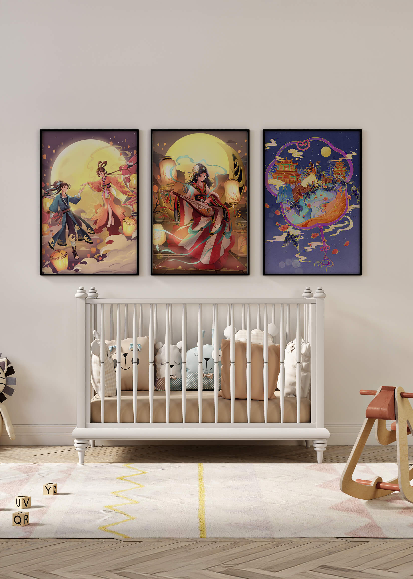 Triptyque de posters à thème oriental et pleine lune