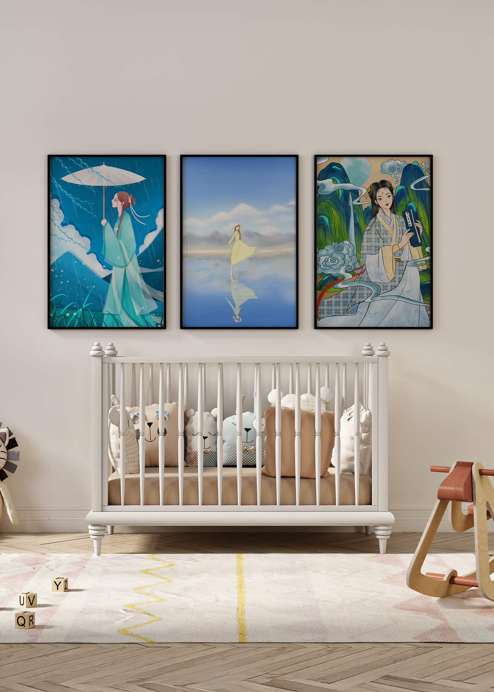 Decoración De Arte De Estilo Oriental Con Tres Obras