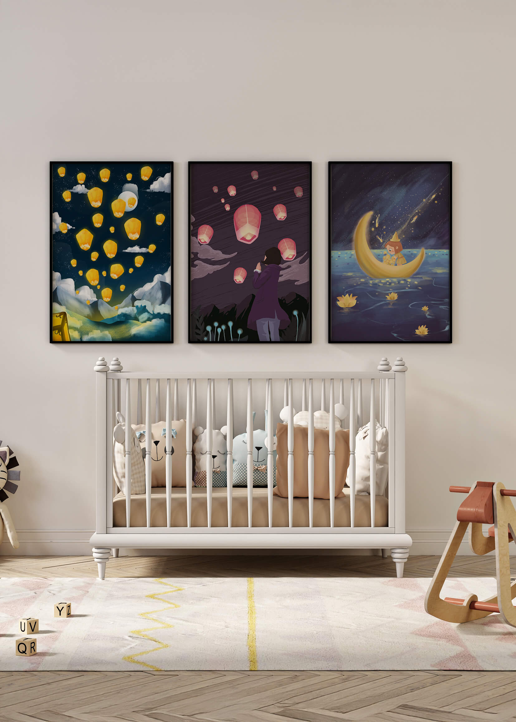 Imágenes Artísticas de Linternas Voladoras en Marcos de Madera