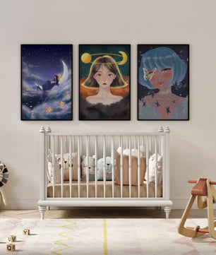 Tríptico De Retratos Ilustrados Con Elementos Astrales