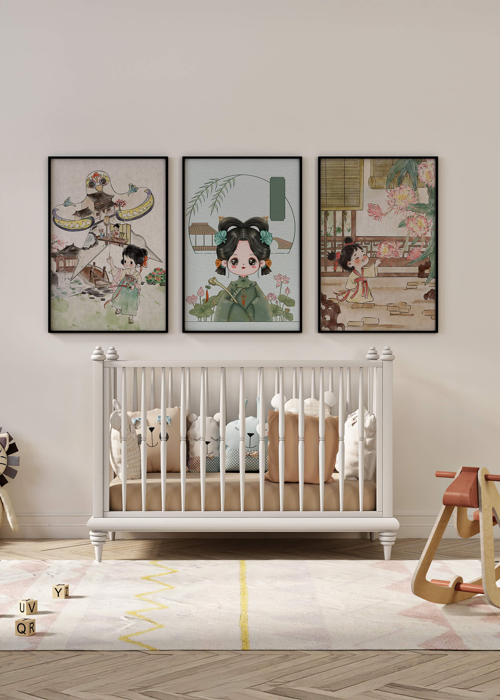 Illustrations de style oriental avec des personnages enfantins