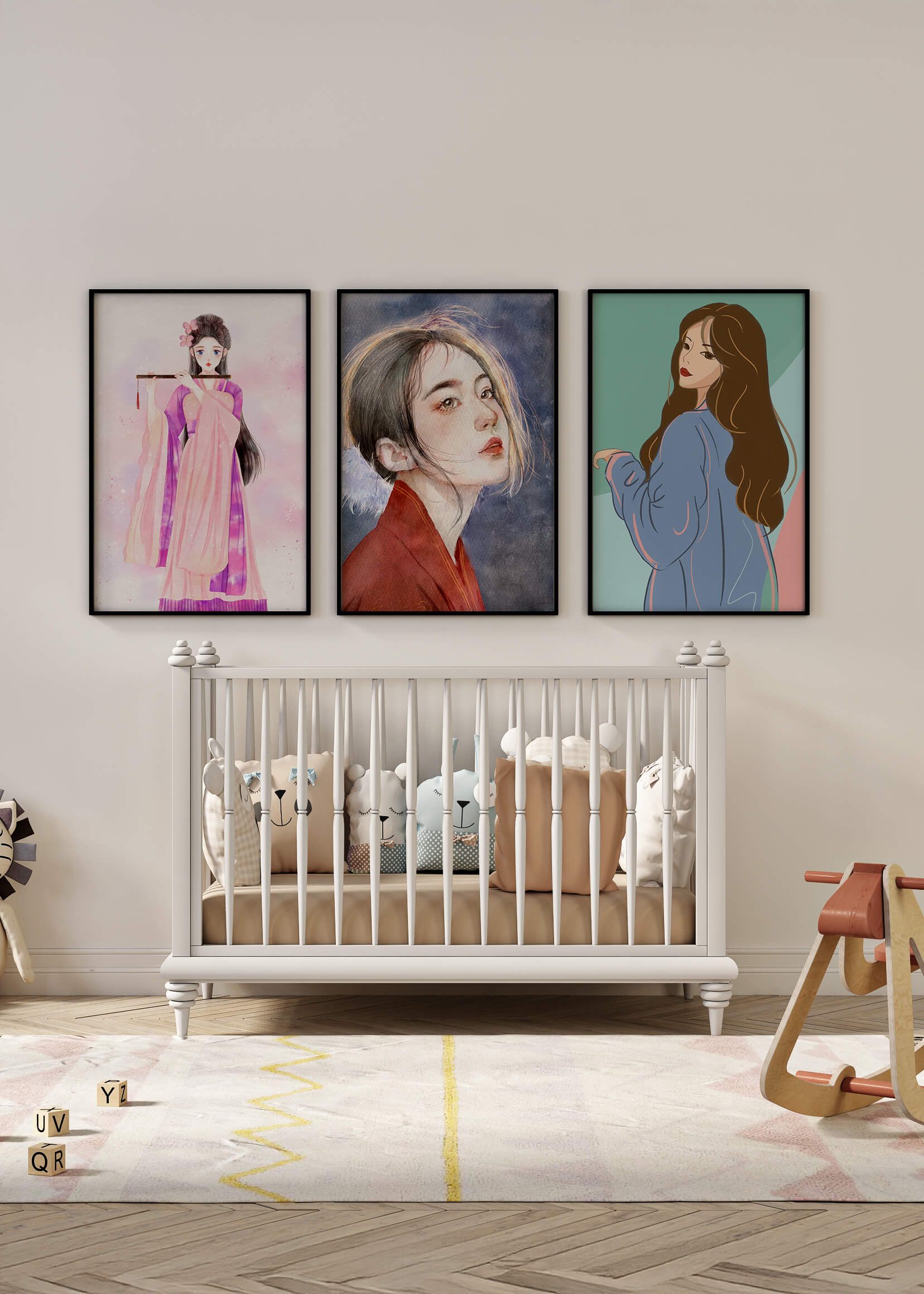 Tríptico de retratos femeninos en estilo moderno