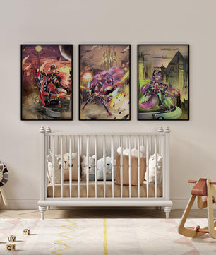 Trio d’illustrations futuristes dans des cadres de couleur claire