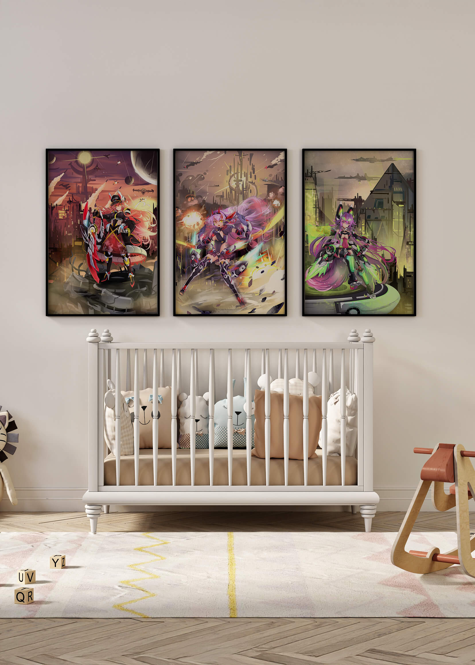 Trio d’illustrations futuristes dans des cadres de couleur claire