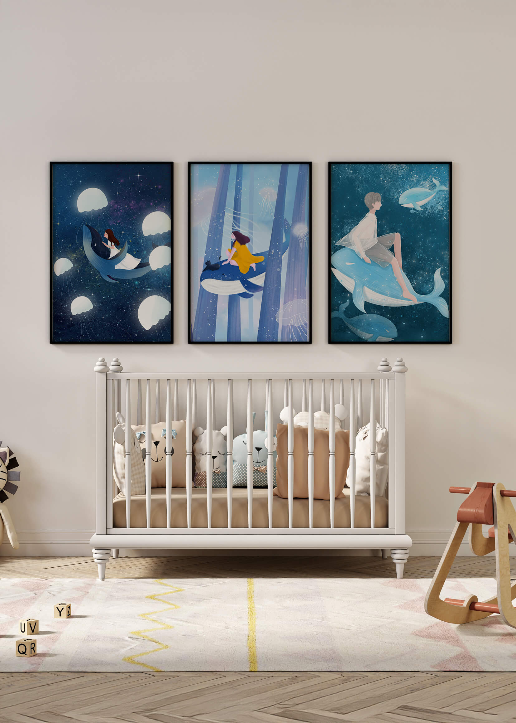 Ensemble d'illustrations de baleines volantes et de figures humaines dans un environnement cosmique