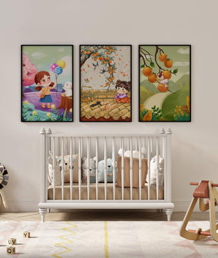 Ensemble de trois illustrations pour enfants avec des fruits et des animaux