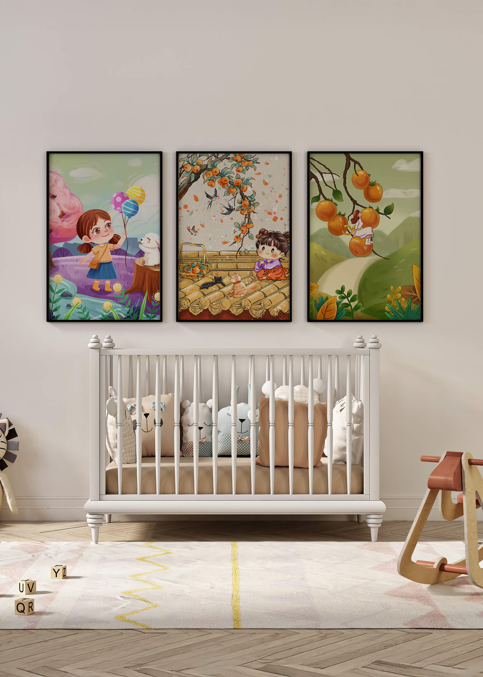 Ensemble de trois illustrations pour enfants avec des fruits et des animaux