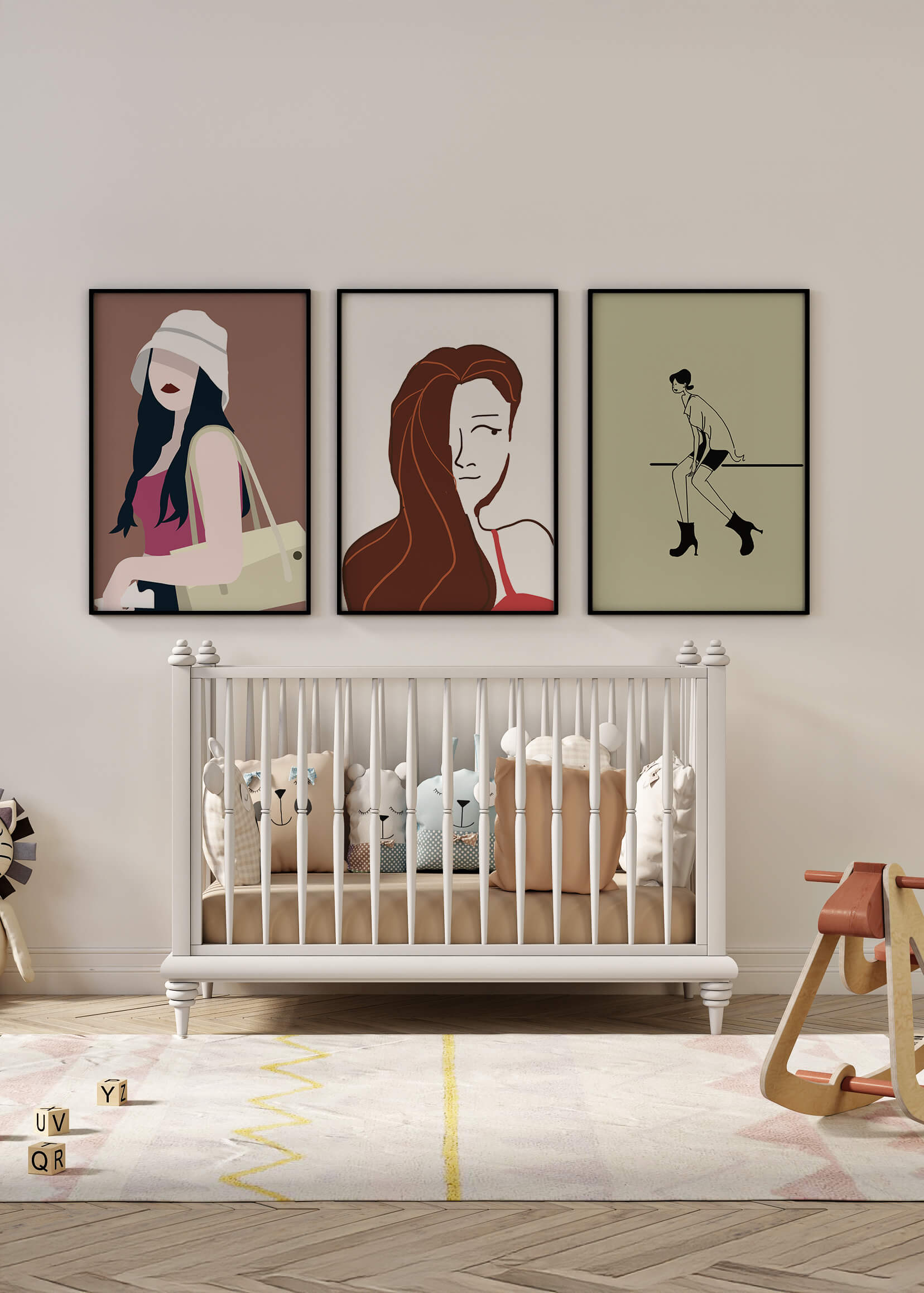 Images minimalistes de figures féminines dans des cadres en bois