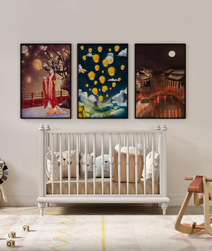 Ensemble de toiles avec éléments asiatiques et lanternes lumineuses