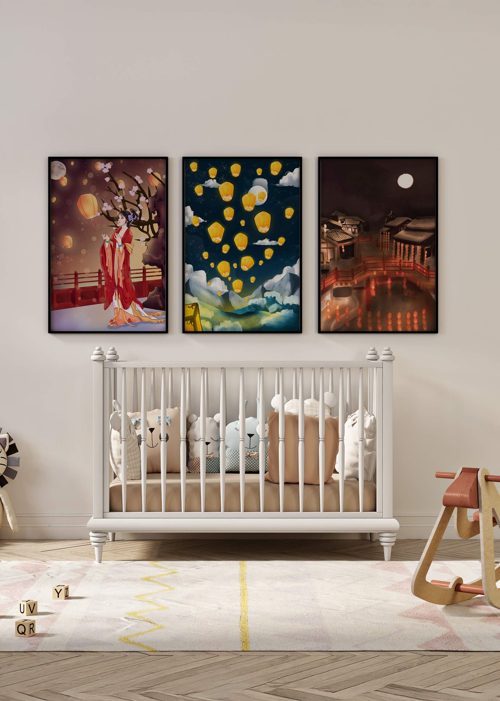 Ensemble de toiles avec éléments asiatiques et lanternes lumineuses