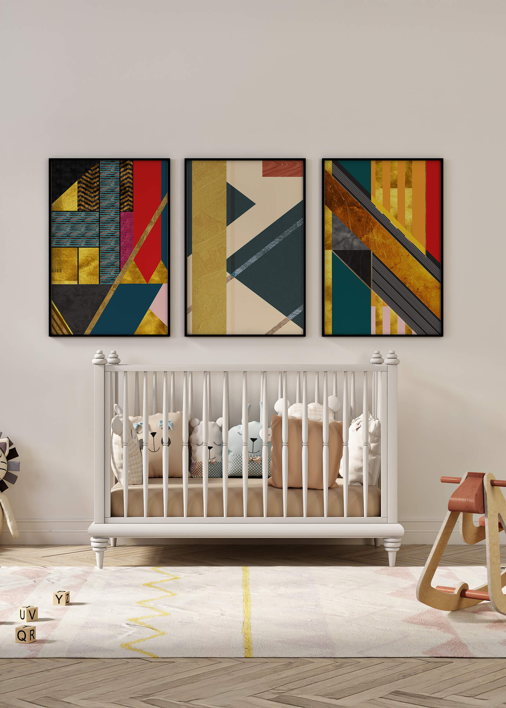 Conjunto de Tres Lienzos Abstractos Geométricos en Colores Vivos y Elementos Dorados