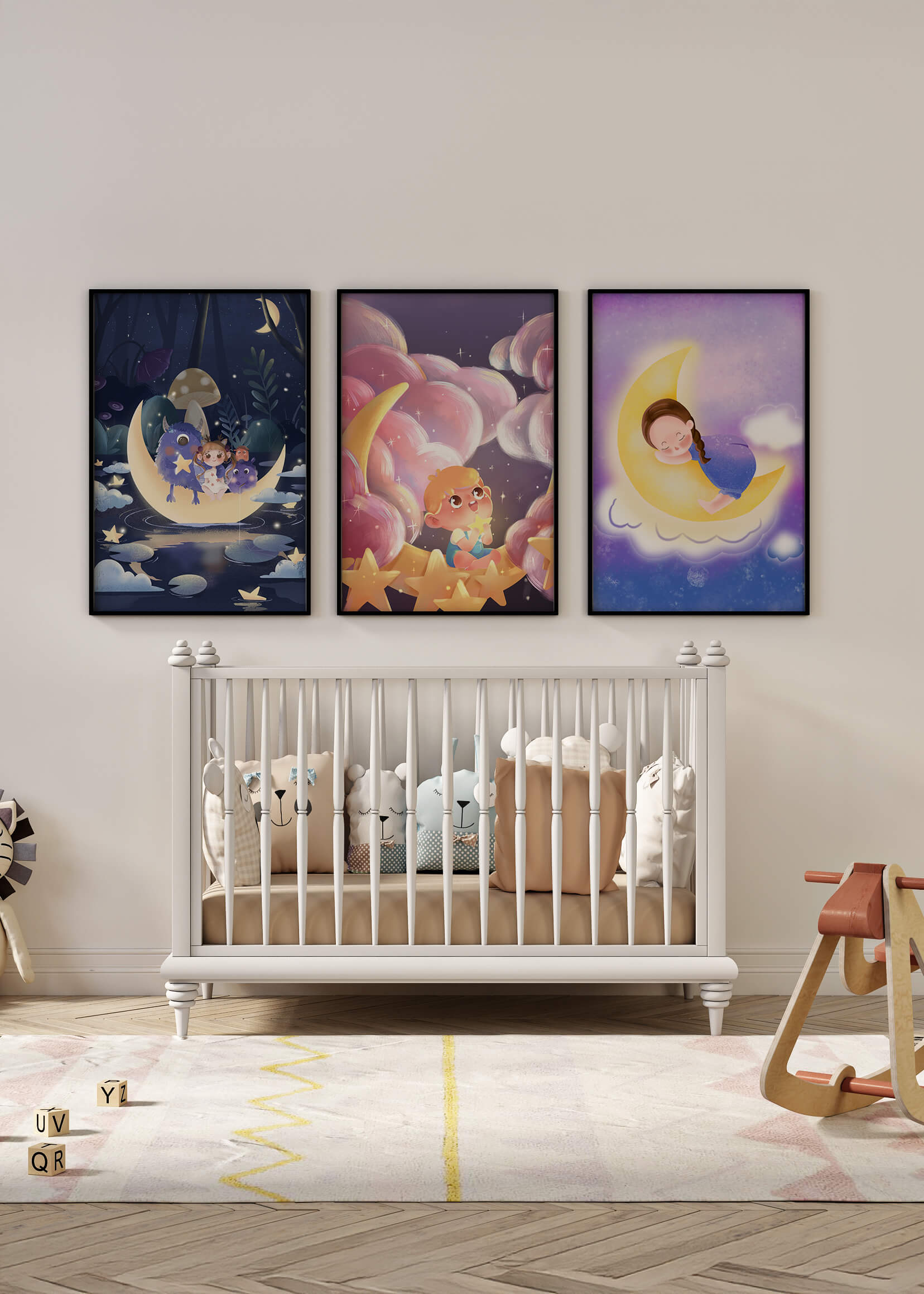 Conjunto De Cuadros Infantiles Con Luna Y Estrellas