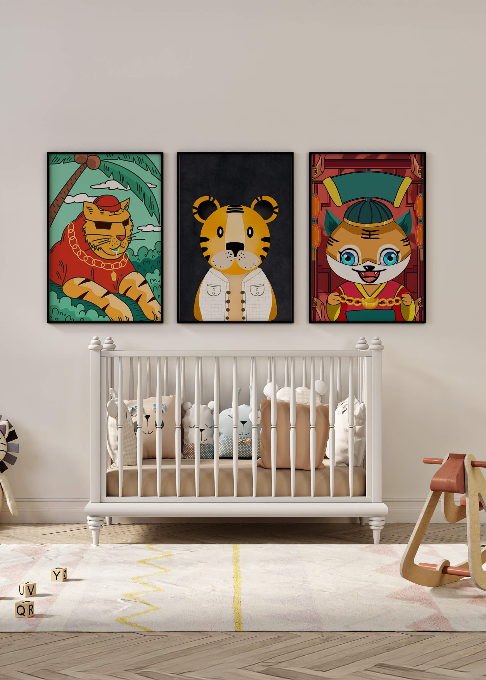 Impressions d’animaux colorés dans des cadres en bois