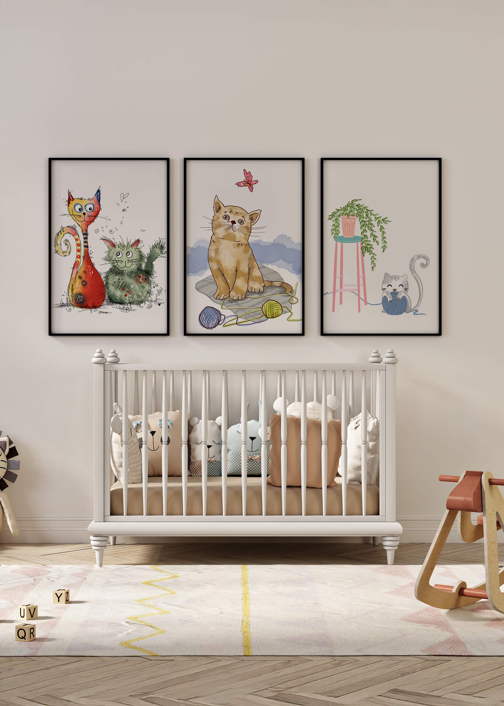 Art illustré de chats dans des cadres en bois