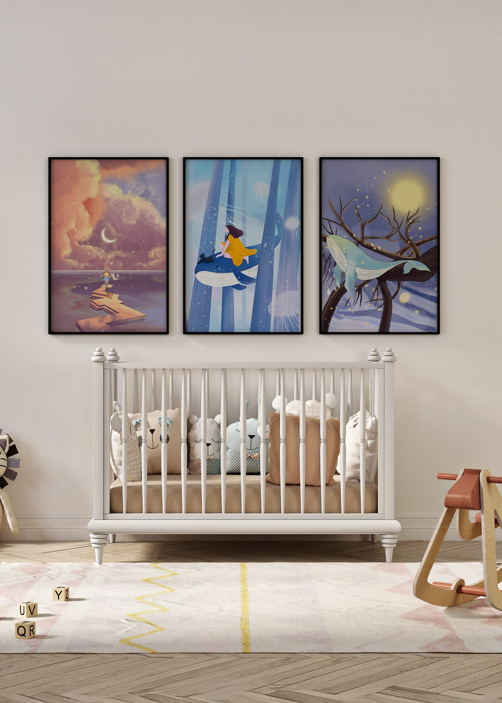 Triptyque d'Illustrations Fantastiques Sans Cadre avec Baleines et Paysages de Rêve