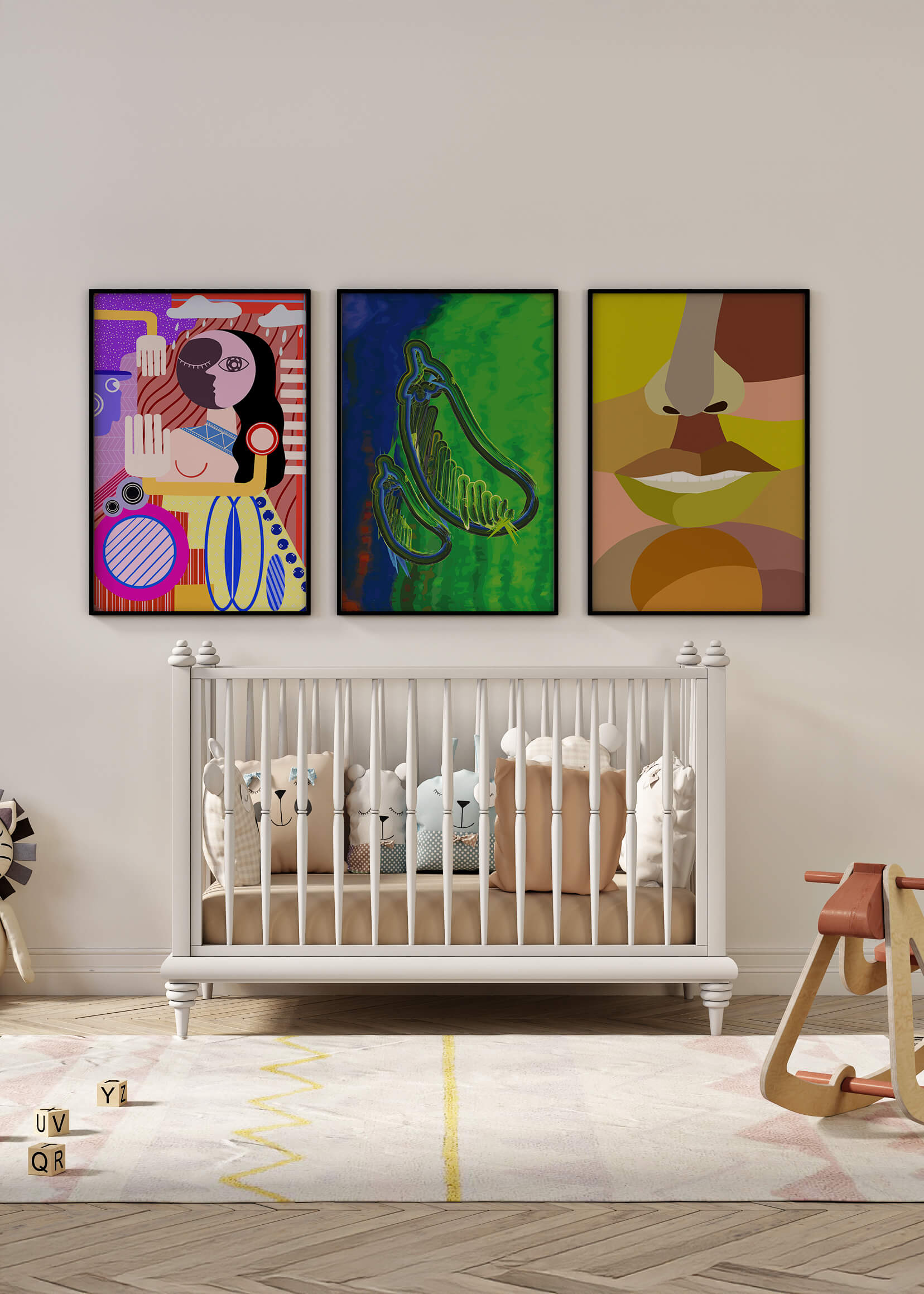 Ensemble d'affiches modernes sur le mur du salon