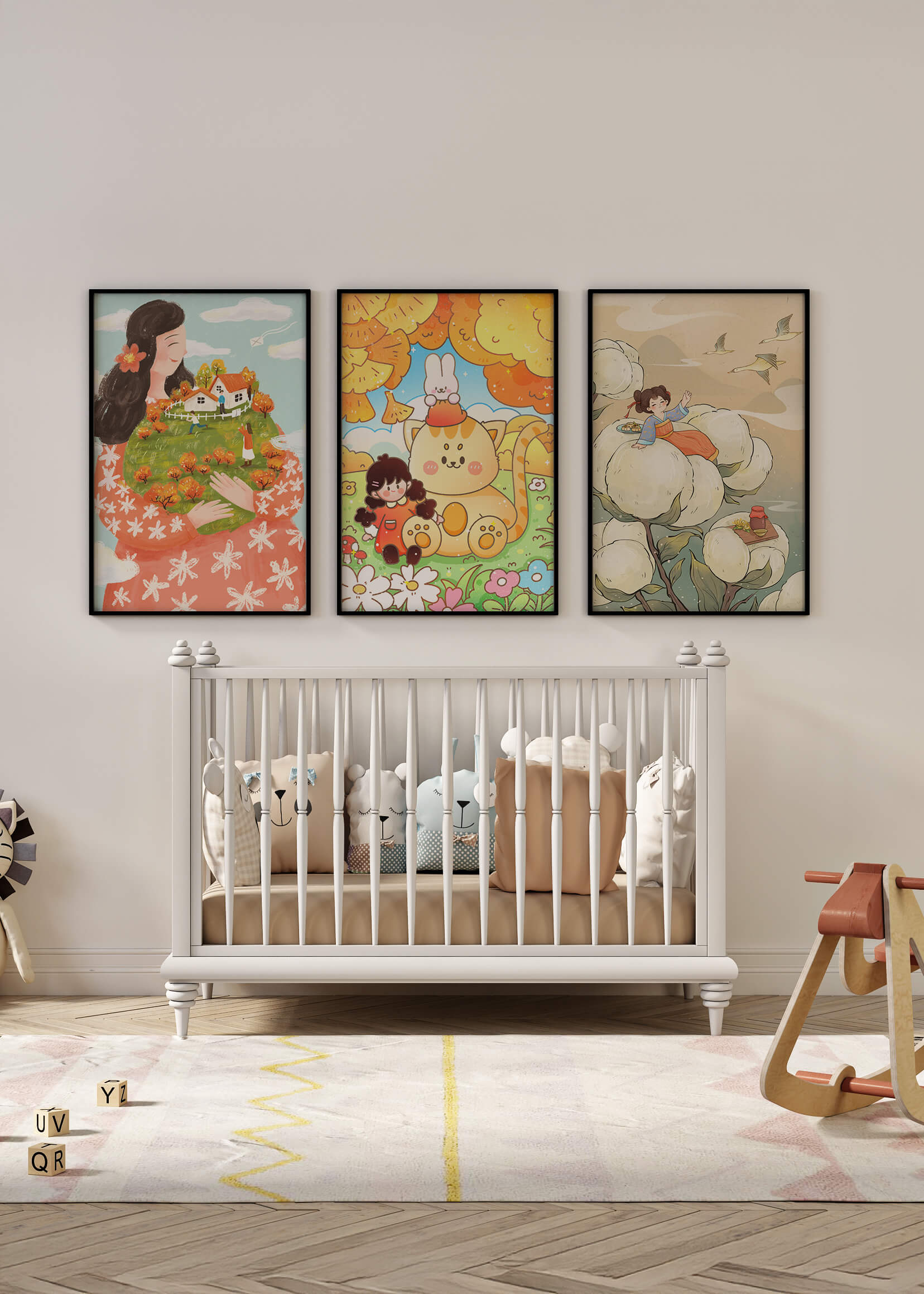 Art coloré pour enfants avec des dessins d'enfants et d'animaux dans des cadres en bois