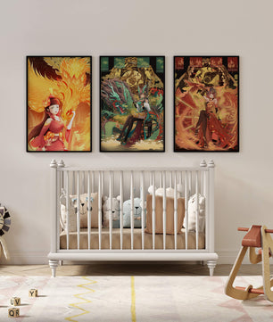 Triptyque d’art fantastique avec des figures mythiques dans des cadres dorés
