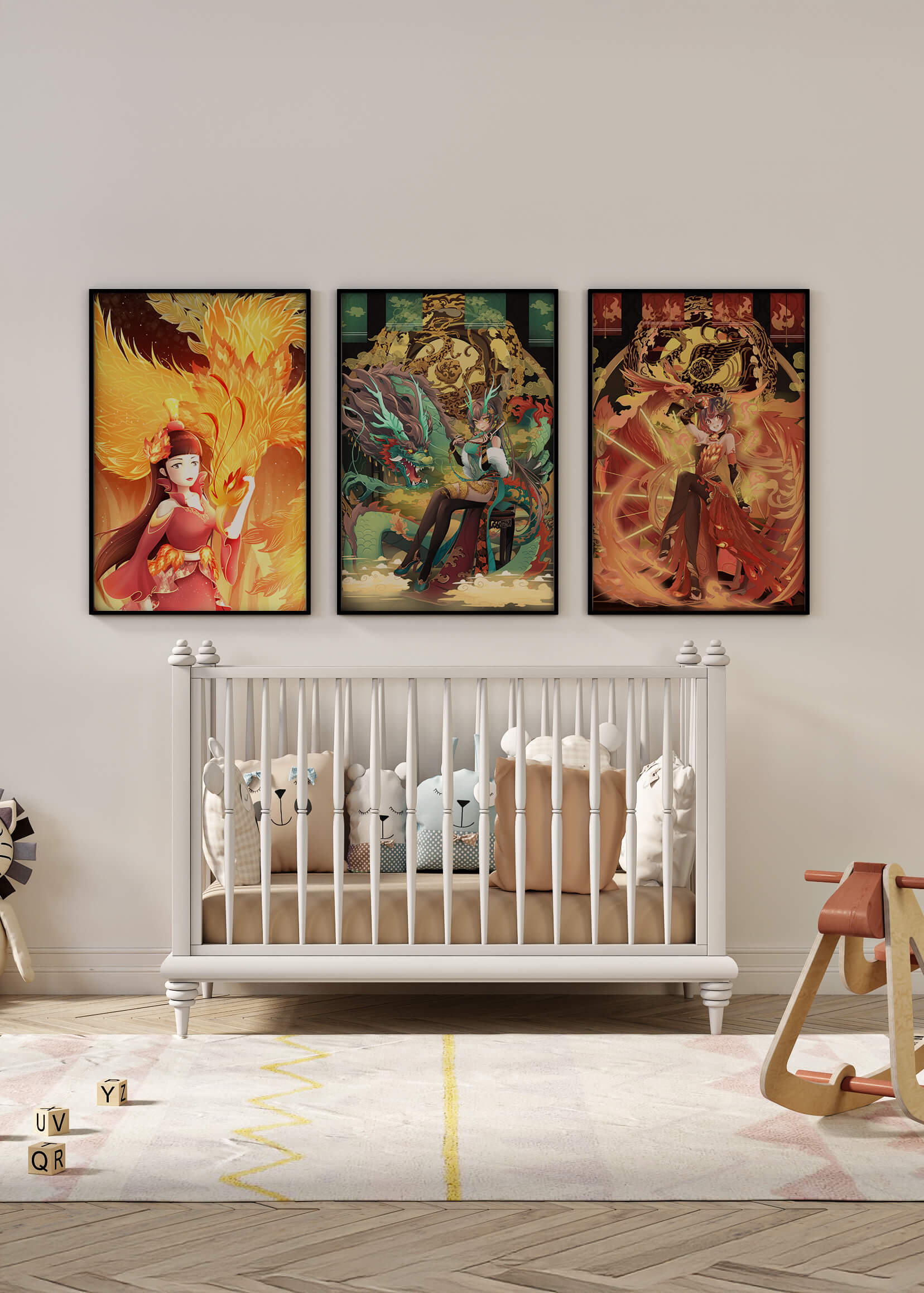 Tríptico De Arte Fantástico Con Figuras Míticas En Marcos Dorados