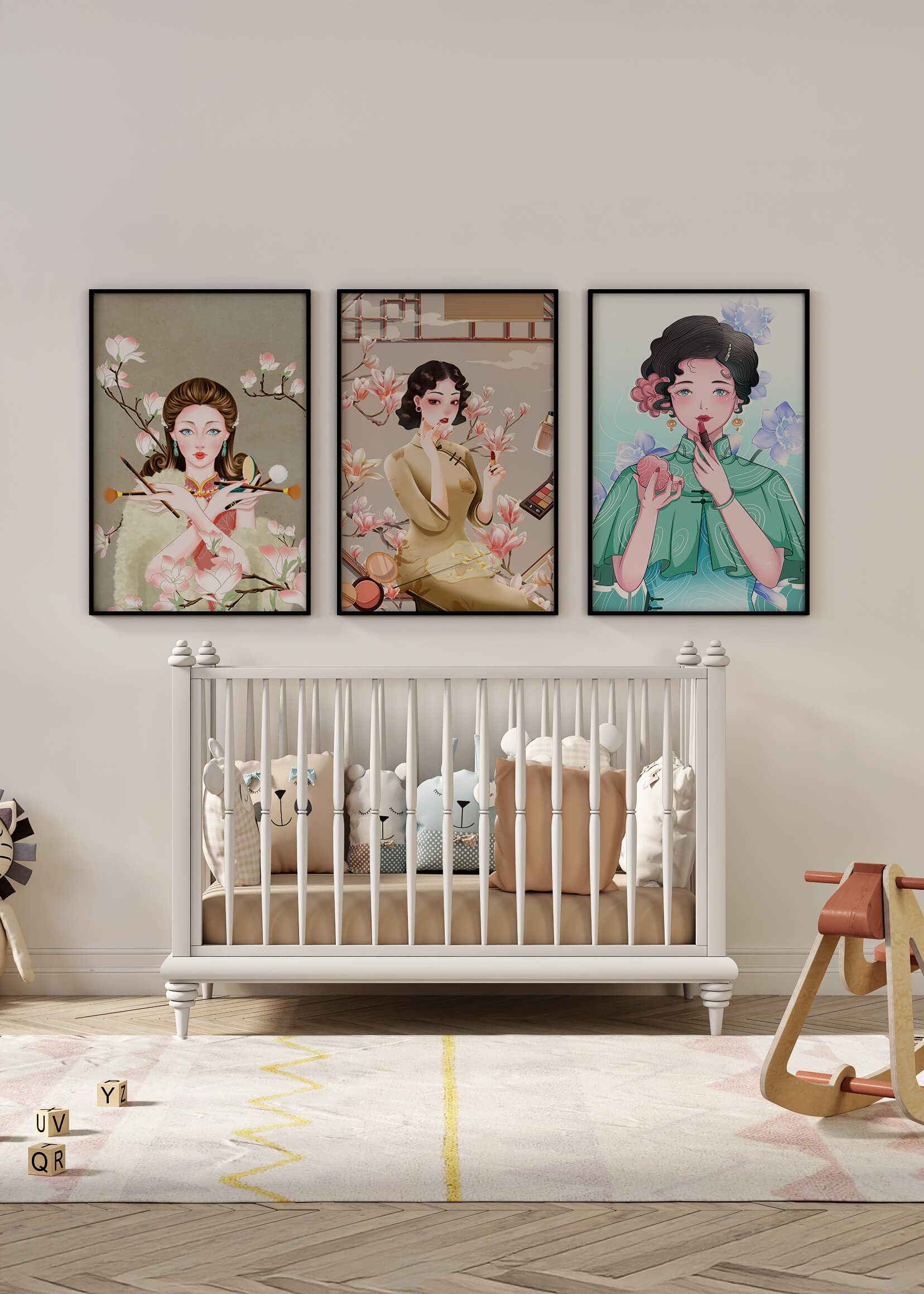 Conjunto De Impresiones Artísticas De Mujeres Estilo Retro Con Elementos Dorados