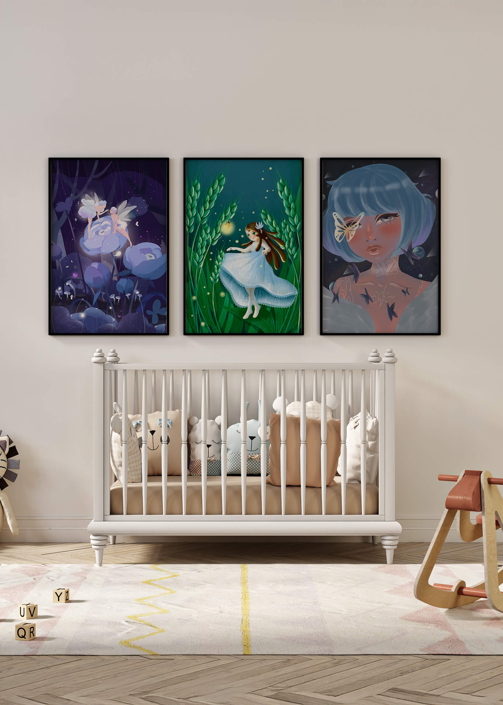 Set aus drei Kunstwerken mit Fantasymotiven
