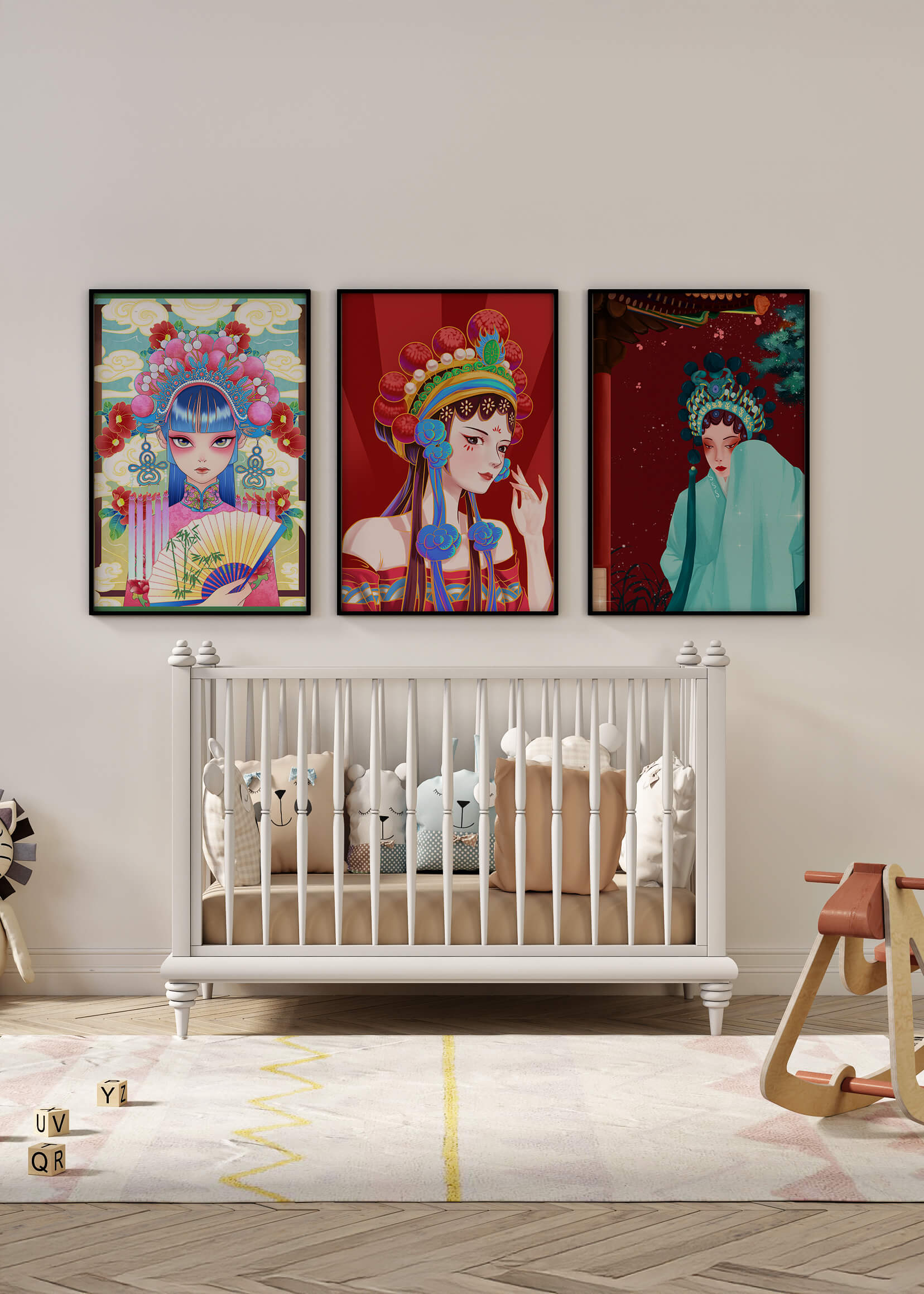 Set De Tres Ilustraciones Coloridas De Mujeres Con Tocados Tradicionales Asiáticos