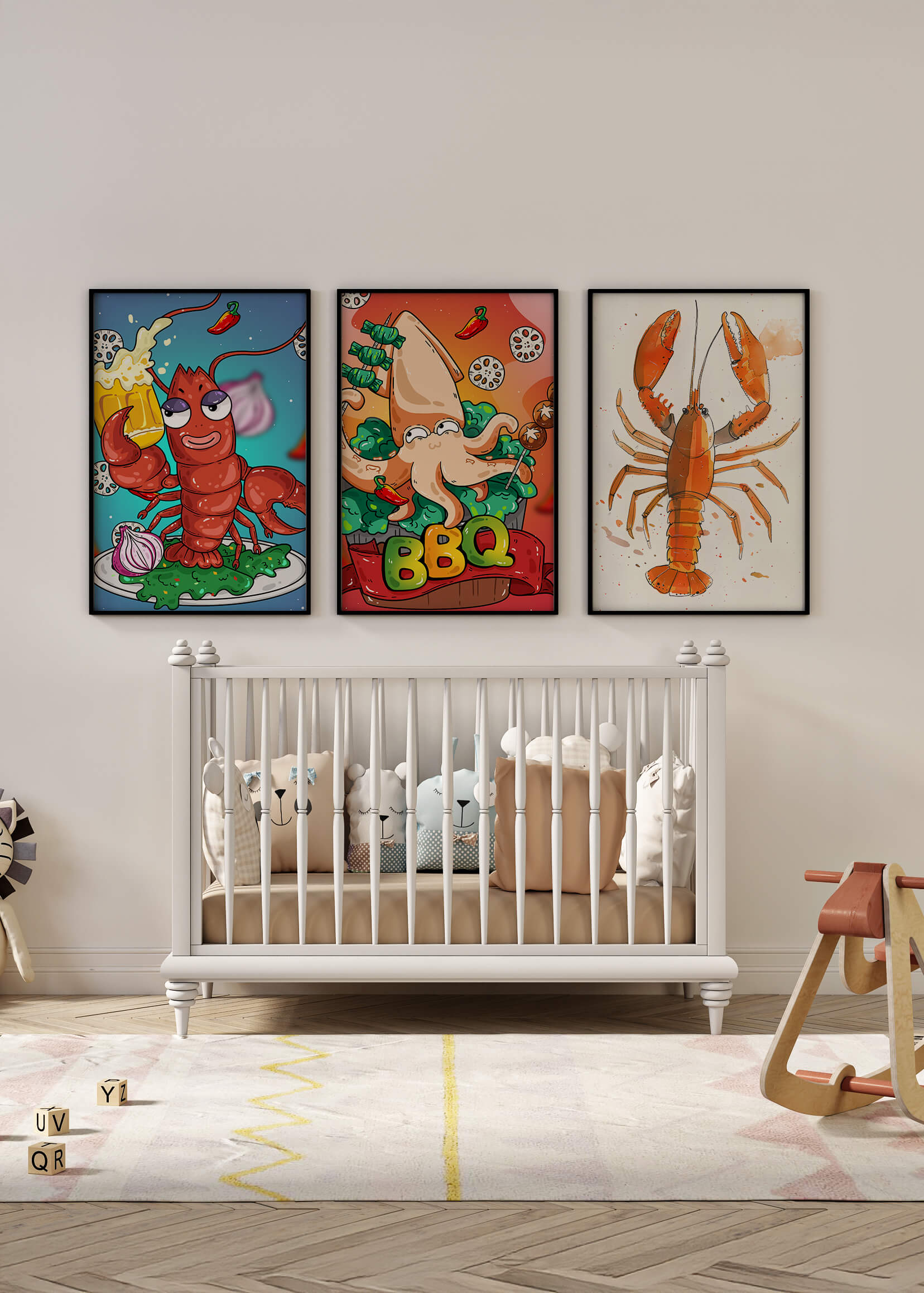 Affiches de fruits de mer amusants dans un style illustratif