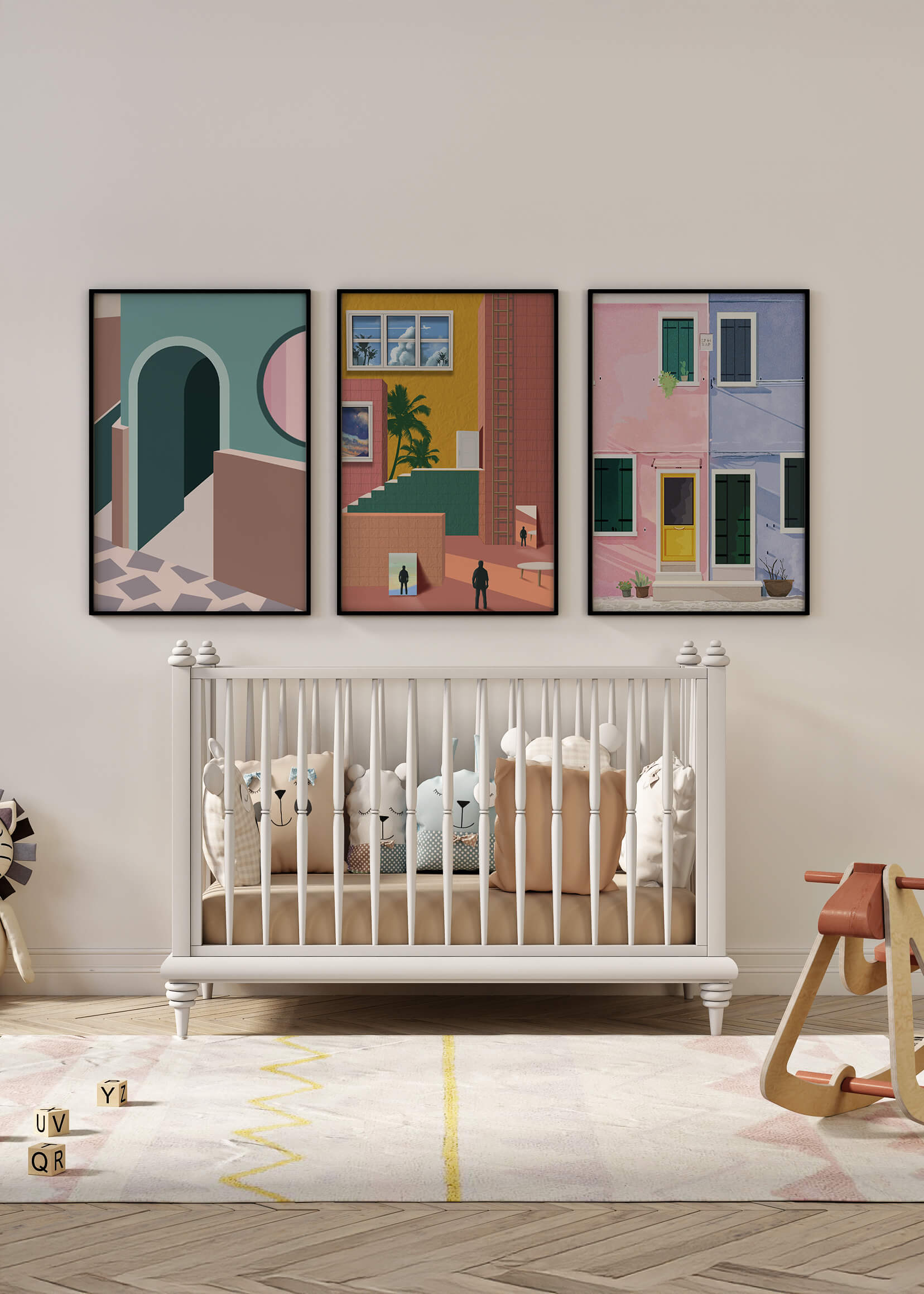 Conjunto De Cuadros Modernos Con Arquitectura Colorida