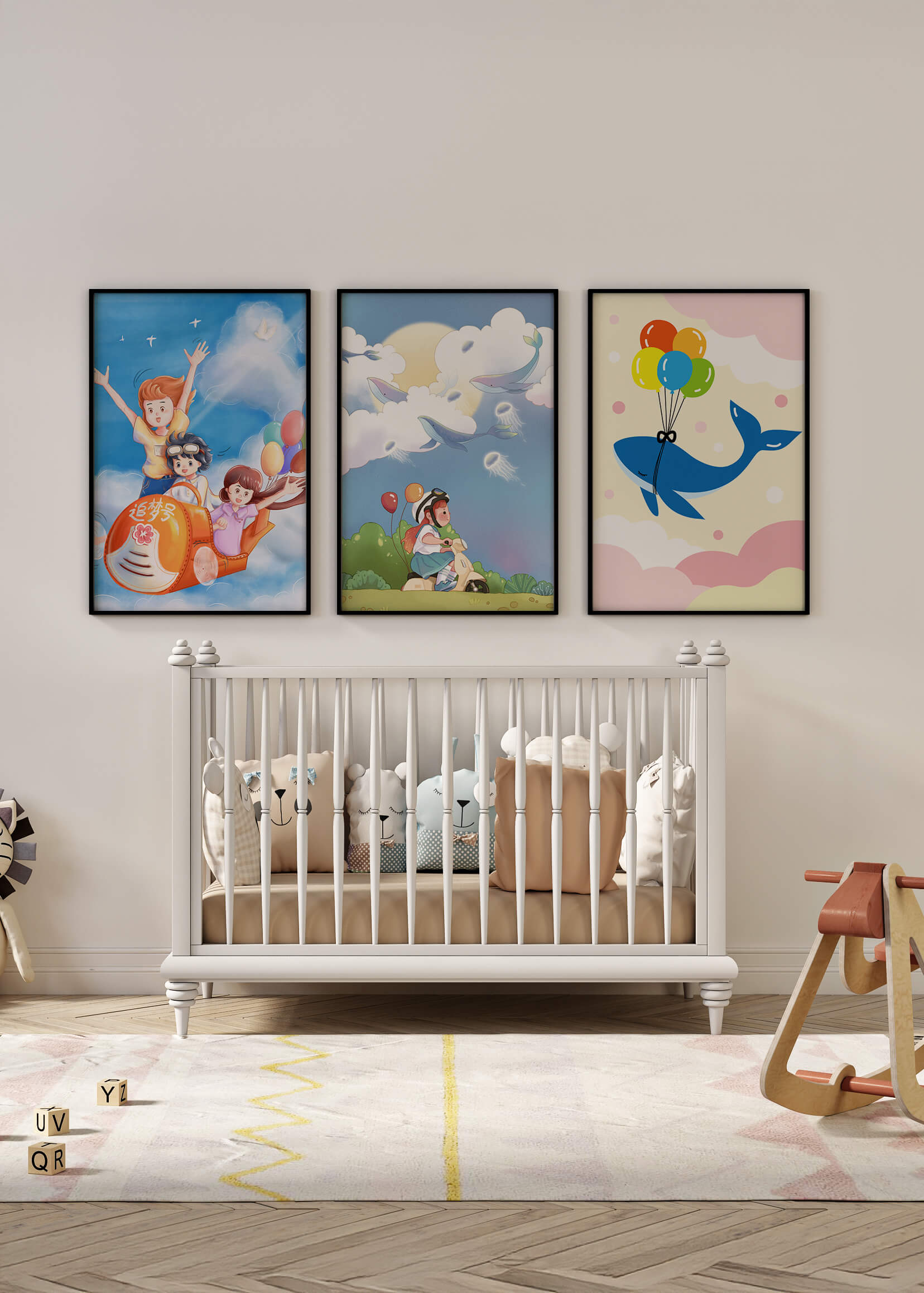 Conjunto de Ilustraciones Fantasía Infantil en Marcos Dorados