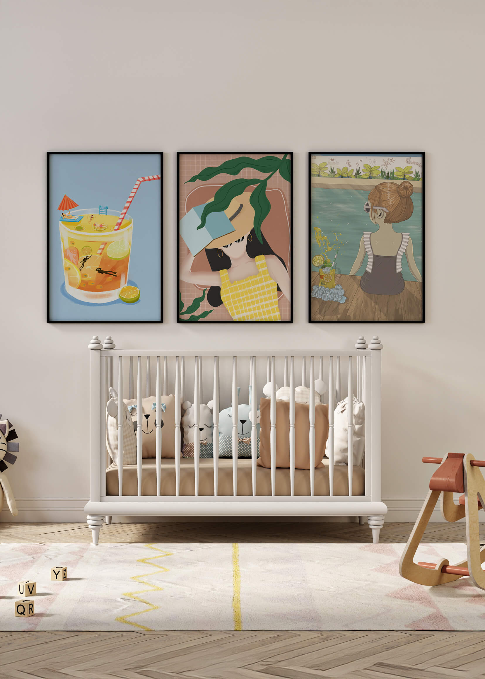 Conjunto De Tres Ilustraciones Modernas Con Temática De Playa En Marcos De Madera