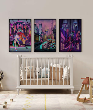 Triptyque de style cyberpunk avec des personnages en art numérique
