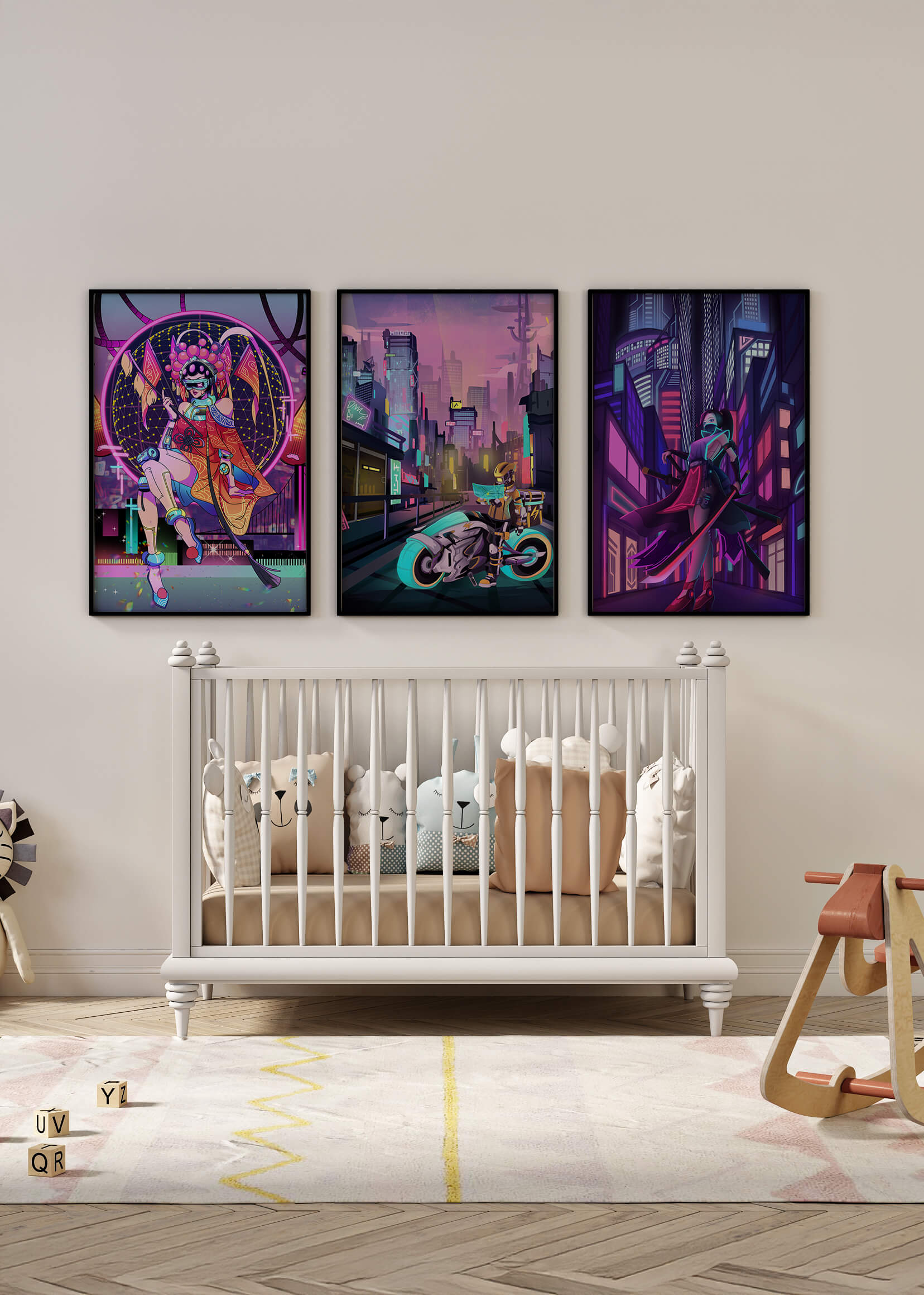 Triptyque de style cyberpunk avec des personnages en art numérique