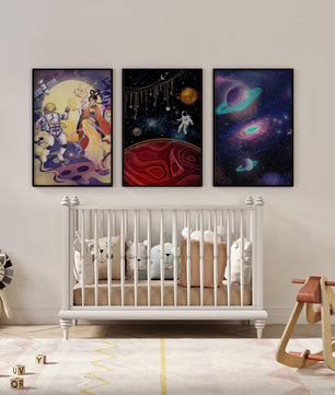 Triptyque d'art spatial avec astronautes en impression de haute qualité