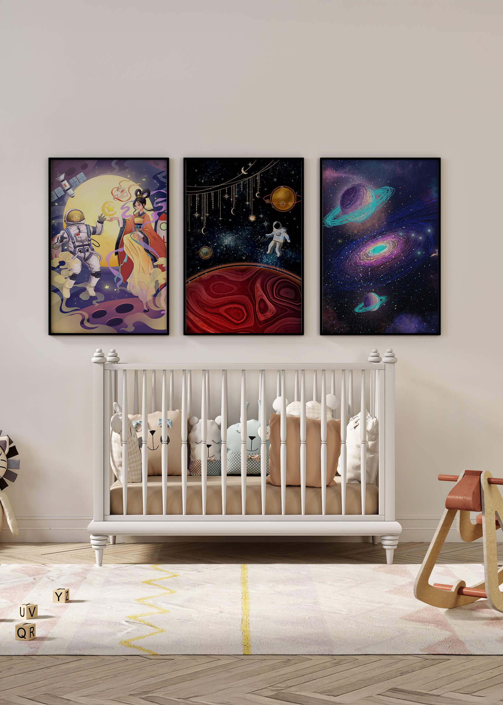 Tríptico De Arte Espacial Con Astronautas En Impresión De Alta Calidad