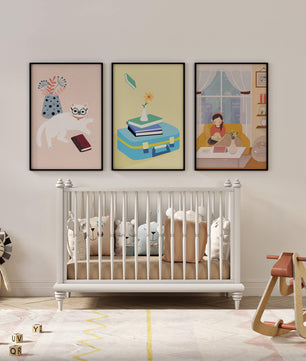 Triptyque moderne avec illustrations d’intérieurs et d’animaux