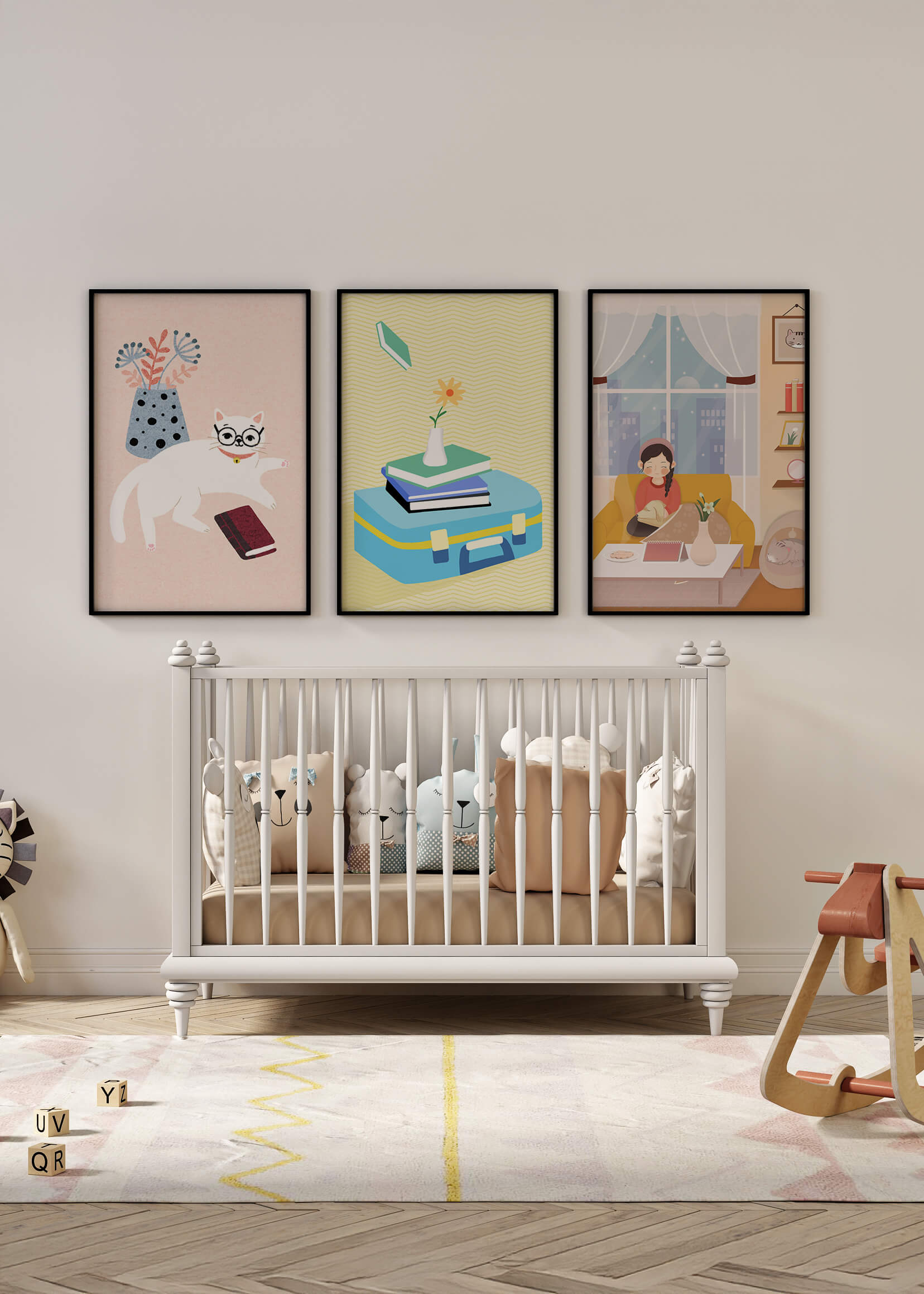 Triptyque moderne avec illustrations d’intérieurs et d’animaux