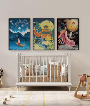 Ensemble d'art oriental avec paysages mystiques et pleine lune
