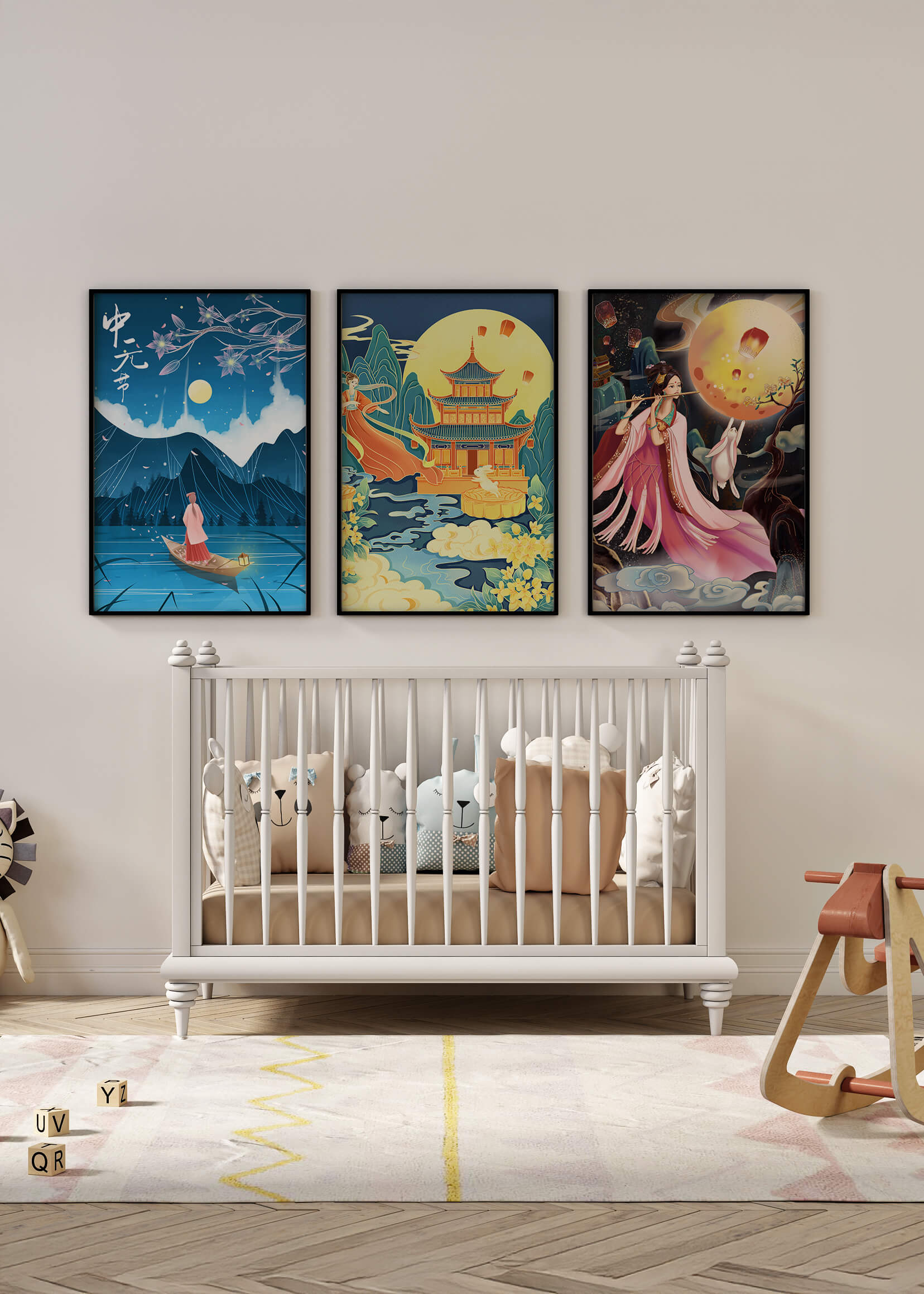 Conjunto de Arte Oriental con Paisajes Místicos y Luna Llena