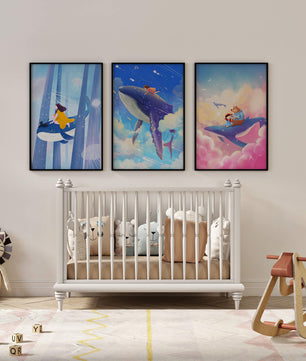 Tableaux fantastiques avec des baleines volantes pour décoration enfantine