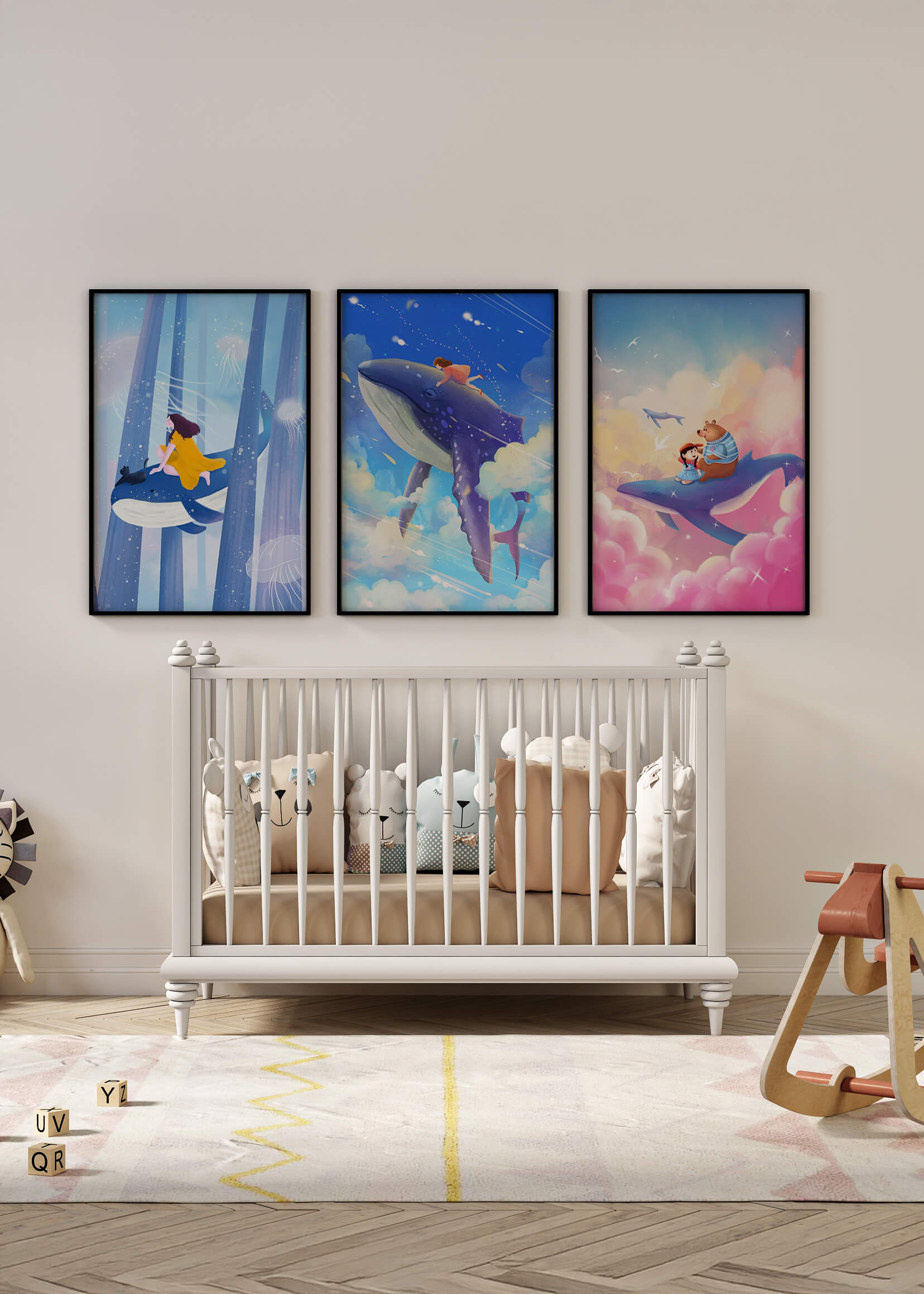 Tableaux fantastiques avec des baleines volantes pour décoration enfantine