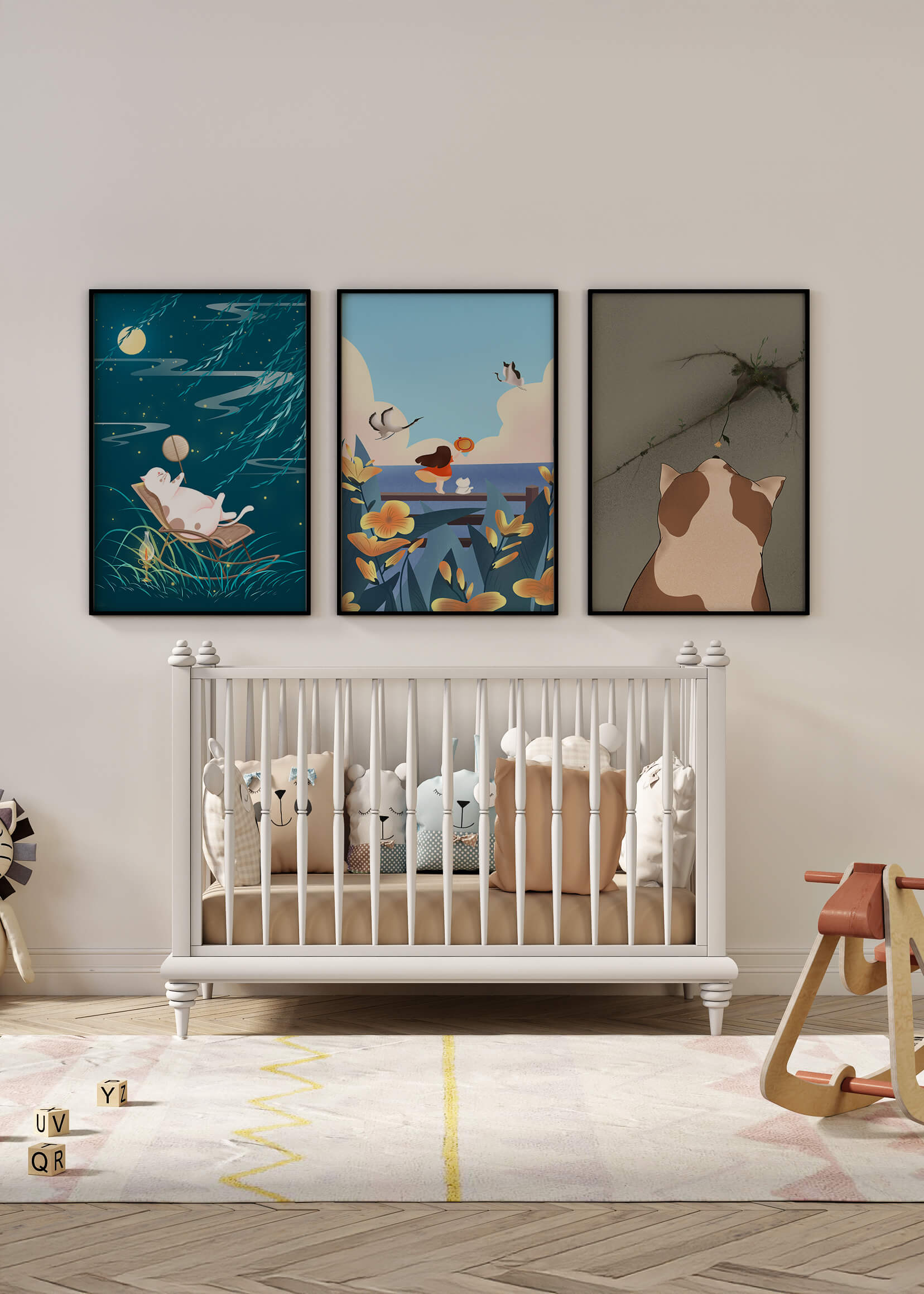 Tríptico de Arte con Animales y Paisajes Ilustrados