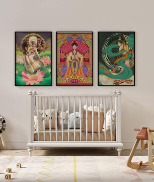 Conjunto de Tres Obras de Arte Oriental en Bloques de Madera