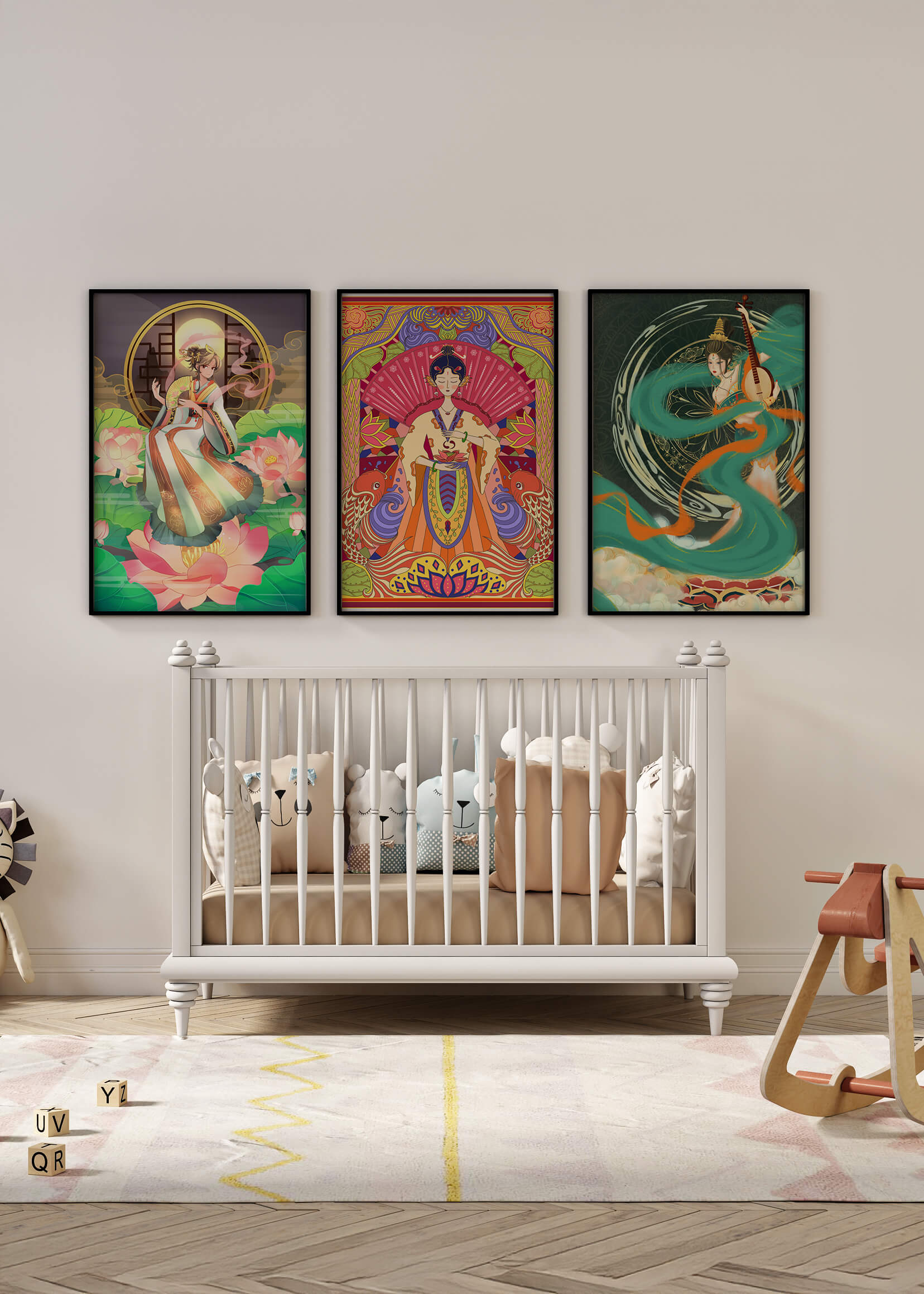 Conjunto de Tres Obras de Arte Oriental en Bloques de Madera