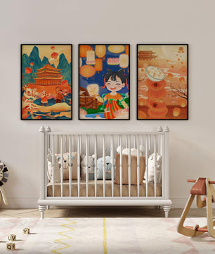 Triptyque d'art asiatique sur le thème des lanternes et de la culture traditionnelle