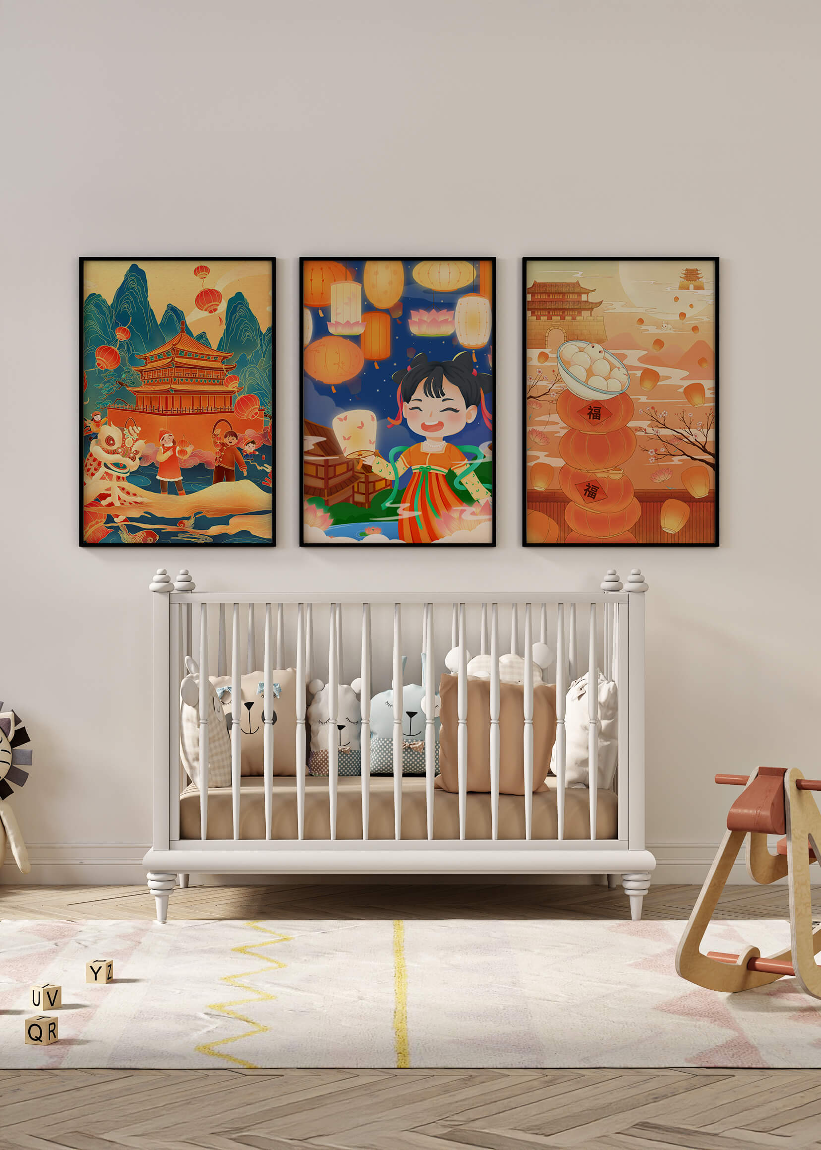 Triptyque d'art asiatique sur le thème des lanternes et de la culture traditionnelle