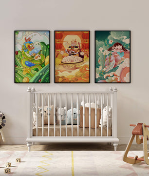 Tableaux pour enfants au style animé avec des personnages et des dragons