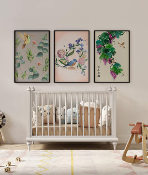 Ensemble de trois œuvres d'art avec des motifs naturels et des oiseaux