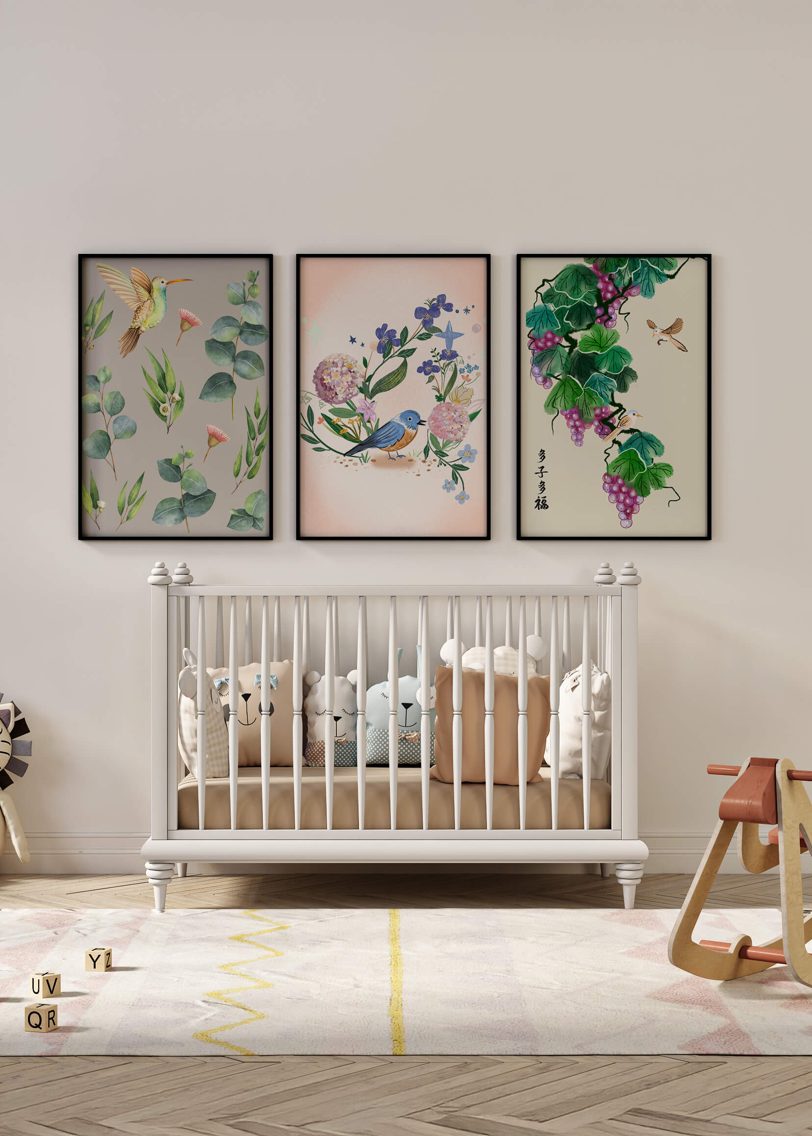 Ensemble de trois œuvres d'art avec des motifs naturels et des oiseaux