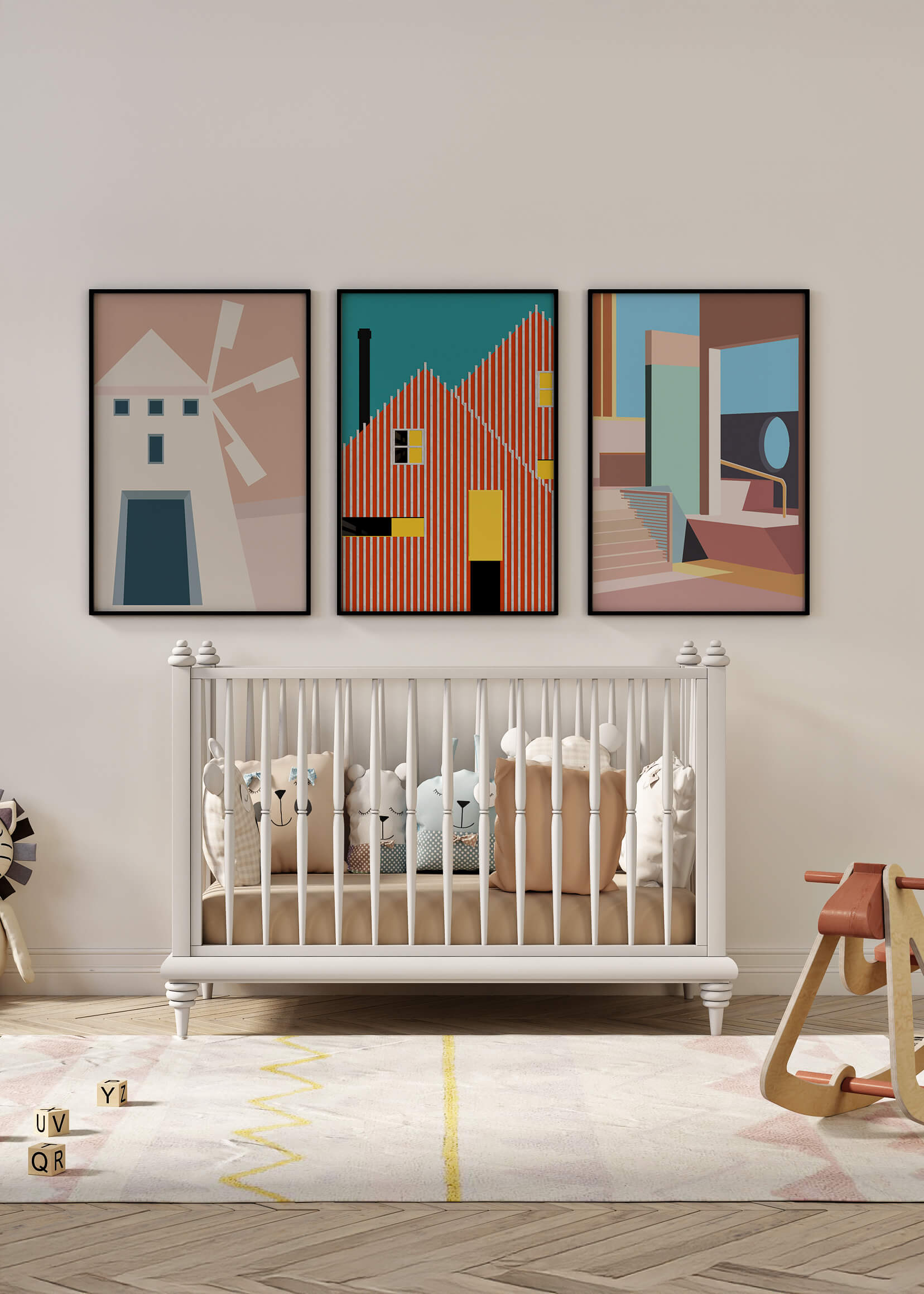 Œuvres d'art moderne avec design architectural dans un environnement minimaliste